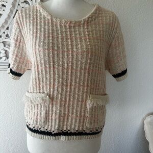 Anthropologie Blush Cream Tweed Knit Sweater Chanel Style Short Sleeve Fringe -M